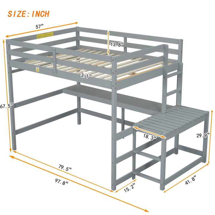 Full Size Pine Wood Loft Bed Frame with Built-in Desk Ladders