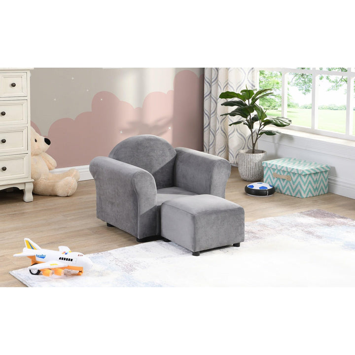 Kids Chair Upholstered Couch with Ottoman Grey Velvet Childproof