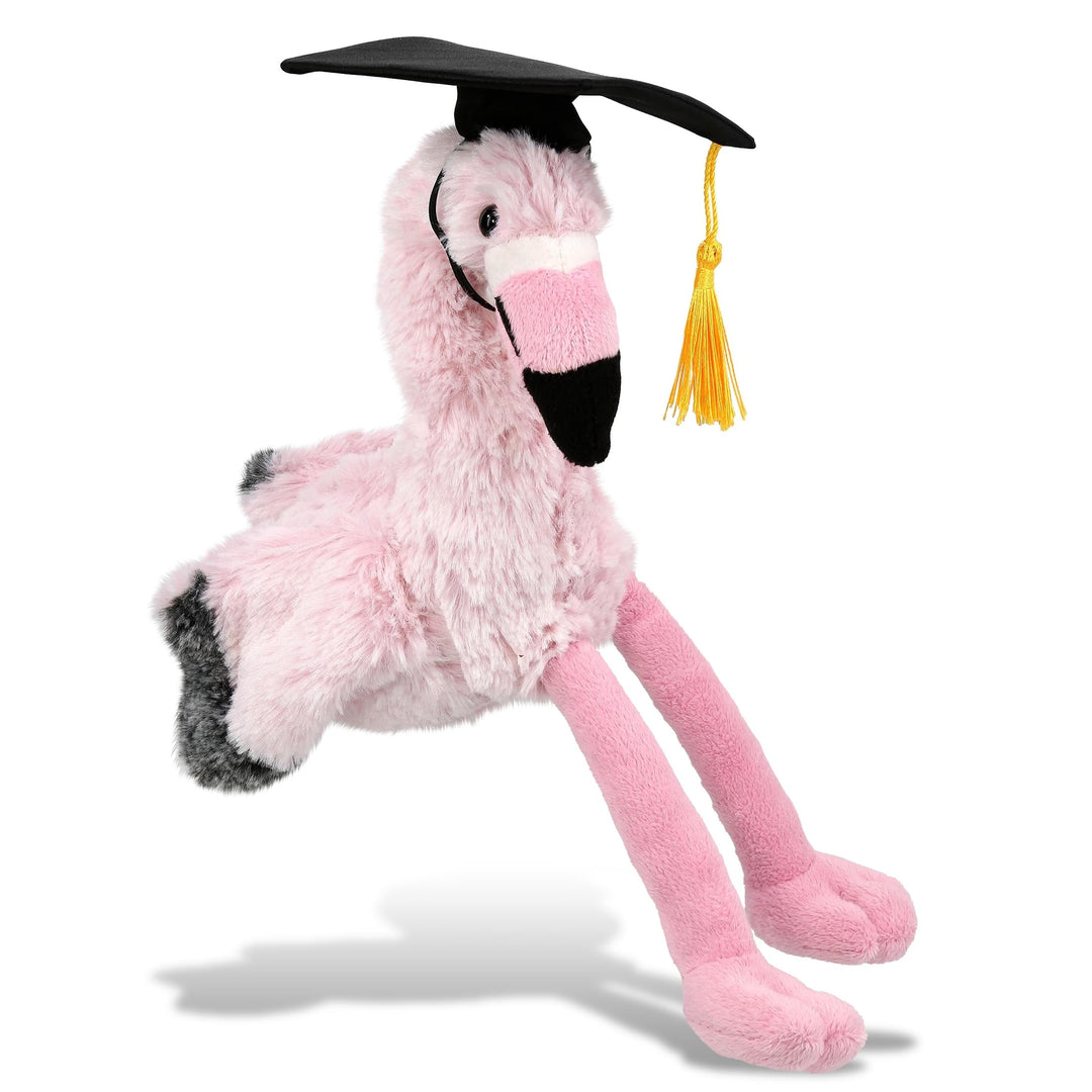 Pink Flamingo Graduation Plush with Cap Tassel 10 Inches Black Yellow Polyester