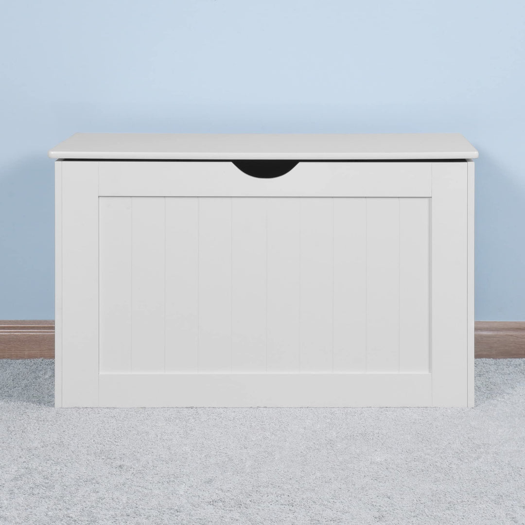 Wooden Toy Box Lift Top Entryway Storage Cabinet with 2 Safety Hinge White Modern Contemporary MDF