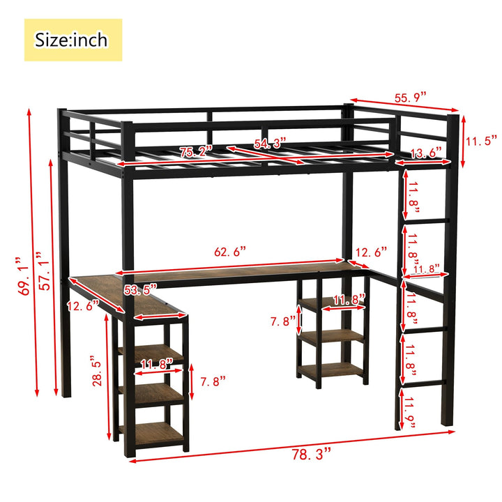 Loft Bed Frame with Ladder Guardrails Metal L-Shaped Brown Desk