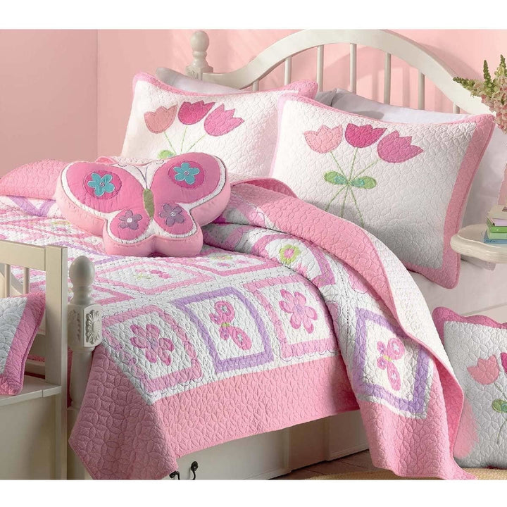 Girls Color Butterfly Flower Printed Quilt Set