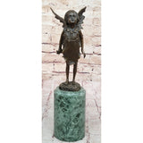 Child Girl Angel Fairy Winged Figure Bronze Sculpture On Green Marble Base Brown Finish Handmade