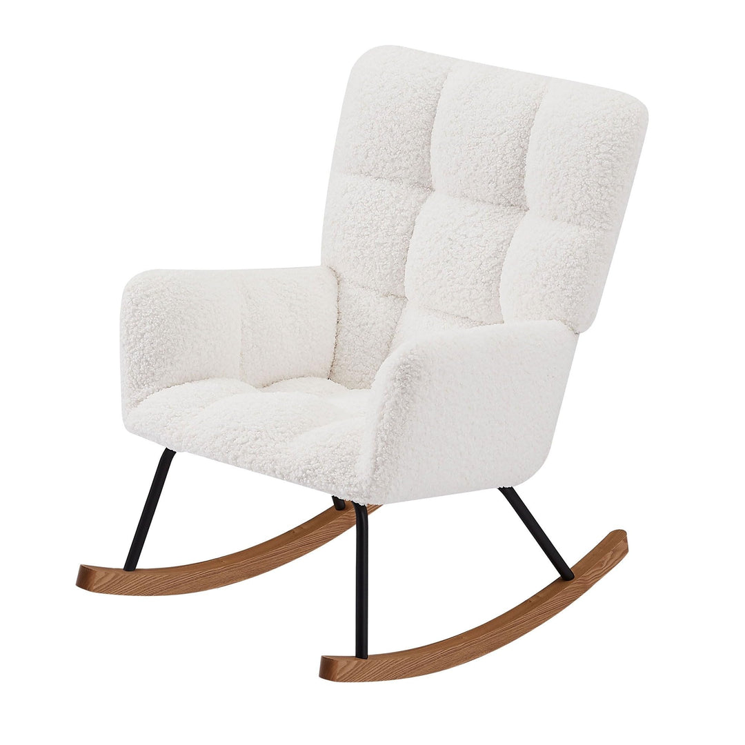 Rocking Chair Mid-Century Modern Nursery Armchair Upholstered Tall Back White Solid Mid-Century Metal