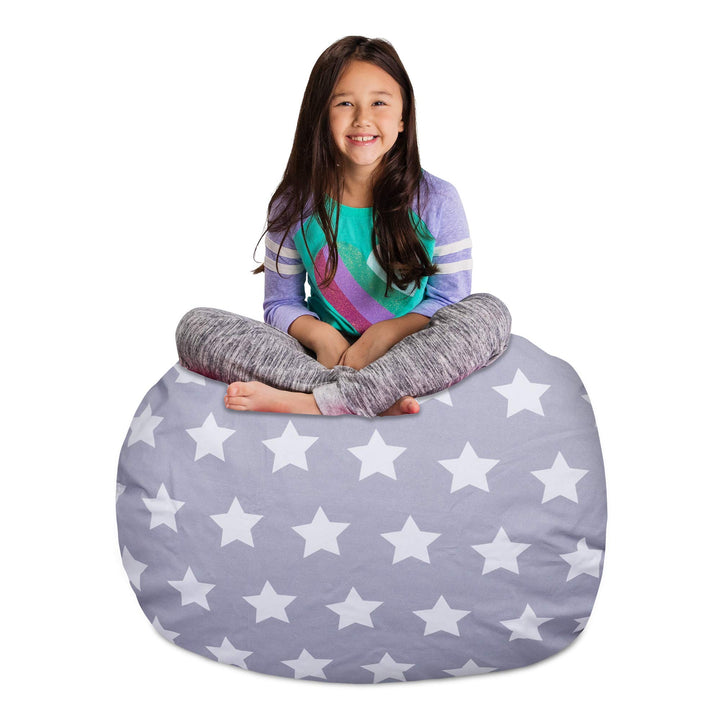 Posh Creations Kids Stuffed Animal Storage Bean Bag Chair Cover - Childrens Toy Organizer, Large-38in, Canvas White Stars on Gray