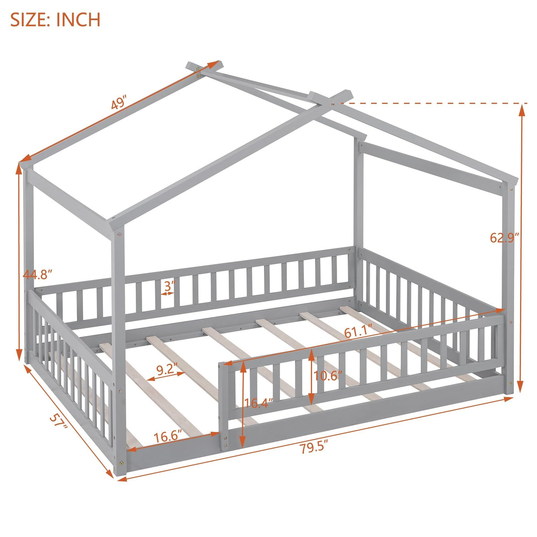 Full Size Wood Bed House Frame with Fence for Kids Teens Girls Boys