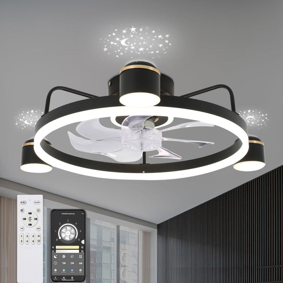 Bella Depot 3-Light Flush Mount Ceiling Fan with Dimmable LED Light and Remote APP Control for Children 1 Pack - Black