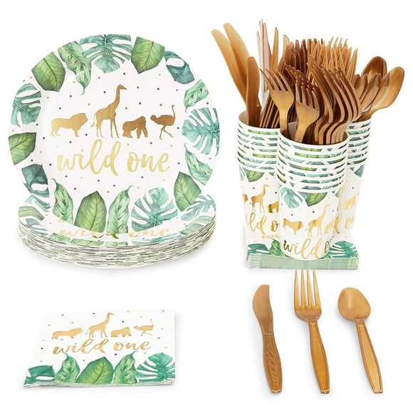 Serve 24 Wild One Safari Jungle Animal Baby Birthday Party Supplies Plate Napkin Green Casual Round Plastic Over 60 Piece