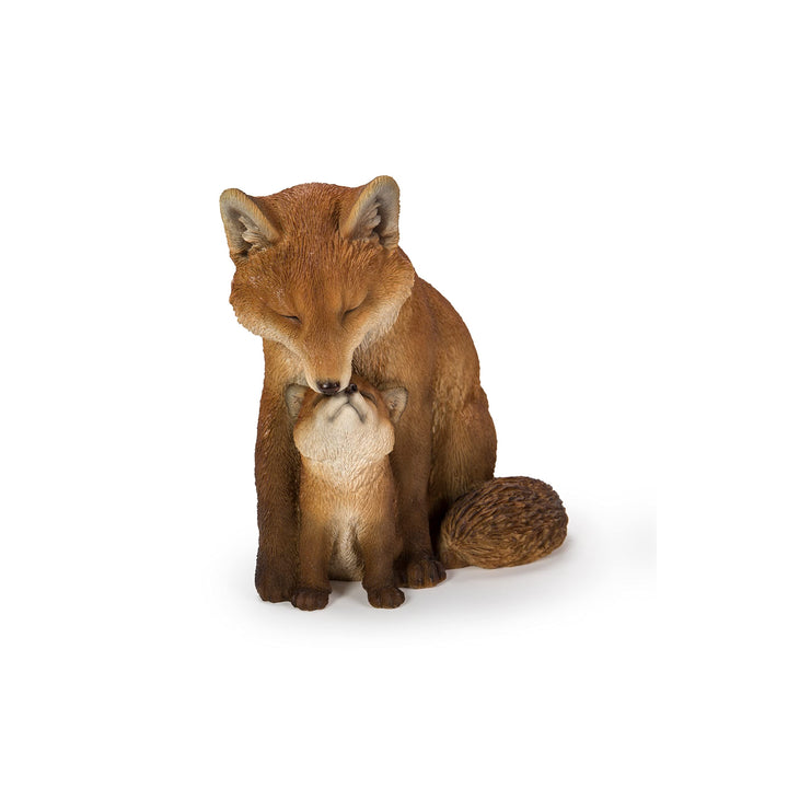 Cuddling Mother and Baby Fox Garden Statue Brown