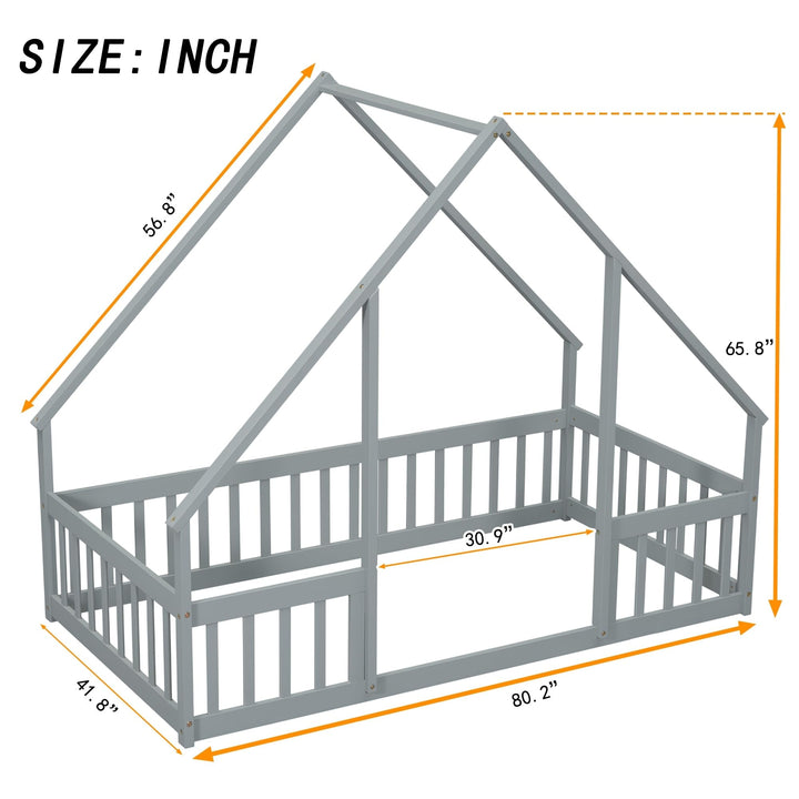 Twin Size Pine Wood House-Shaped Floor Bed Frame with Fence Guardrails