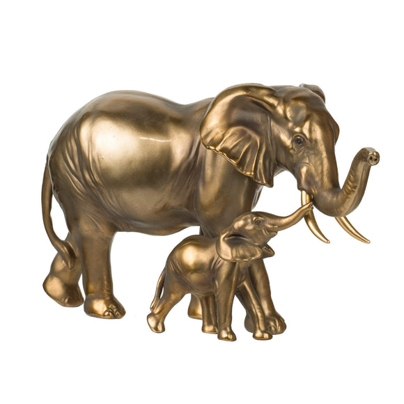 12 Inch Elephant and Baby Statuette Table Accent Gold Polyresin Modern Contemporary Resin Natural Finish