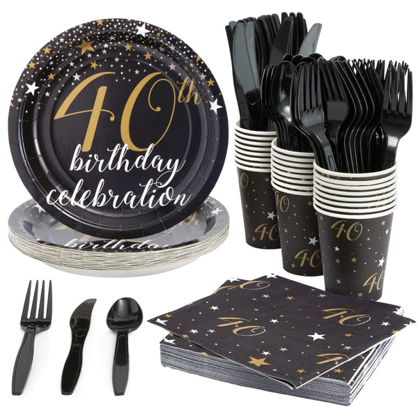 40th Birthday Party Set for 24 Guests Black Plastic