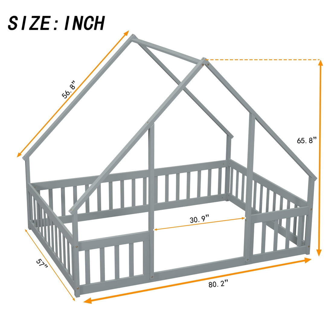 Full Size Pine Wood House-Shaped Floor Bed Frame with Fence Guardrails