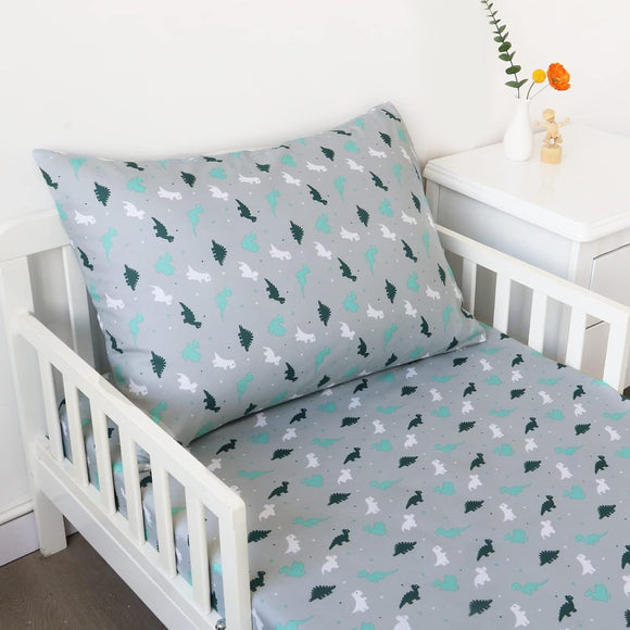 Toddler Sheet Set for Kids with Cute Print Includes A Crib Fitted and Pillowcase Grey Animal Casual Unisex Animals Microfiber