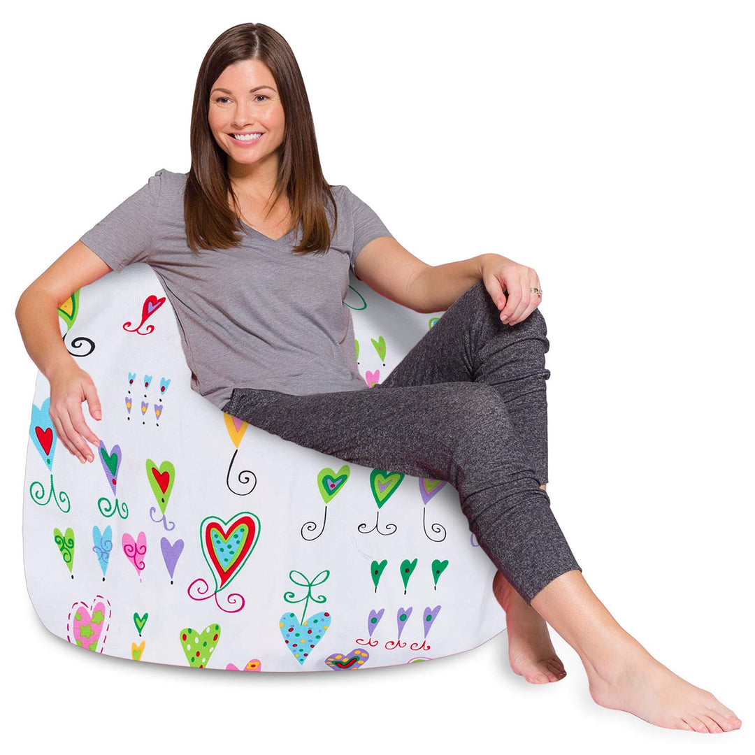 Posh Creations Bean Bag Chair for Kids, Teens, and Adults Includes Removable and Machine Washable Cover, Canvas Multi-Colored Hearts on White, 48in - X-Large