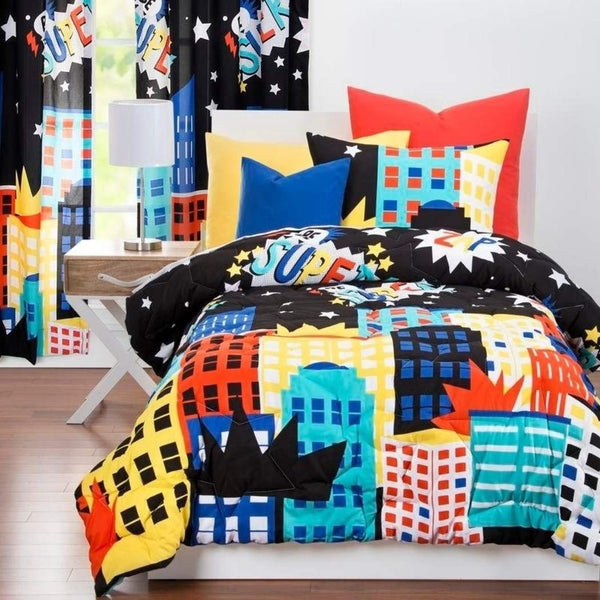 Black Kids City Scape Geometric Comforter Twin Set, Bold Colorful Building Be Super Bedding, Abstract Sky Line Crown Theme Pattern, Blue Yellow Red White, Microfiber