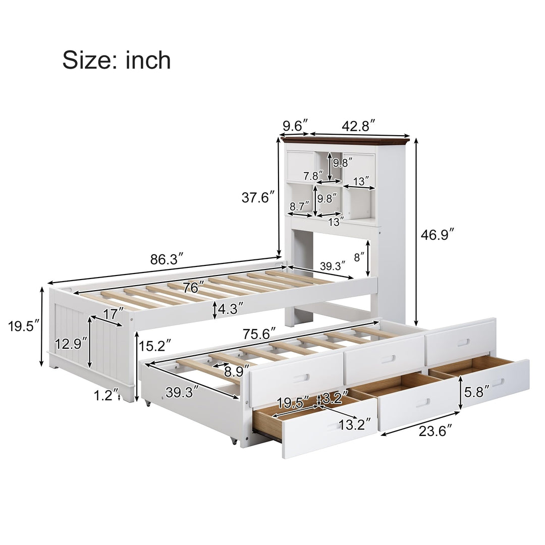 Twin Solid Pine Captain Bookcase Bed with Trundle 3 Spacious Under