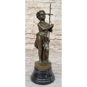 Child Saint Carrying Cross Religious Christianity Bronze Sculpture Statue Brown Finish Handmade