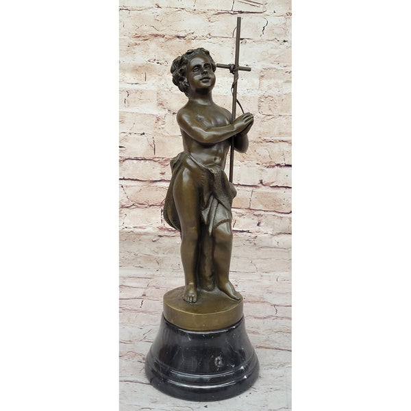 Child Saint Carrying Cross Religious Christianity Bronze Sculpture Statue Brown Finish Handmade