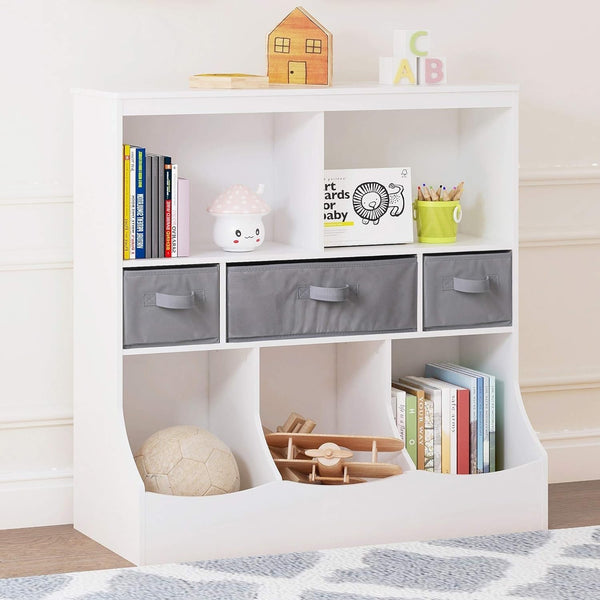 Toy Storage Organizer with Bookcase Bin Unit 8 Compartments 3 Baskets Toys Box White Wood