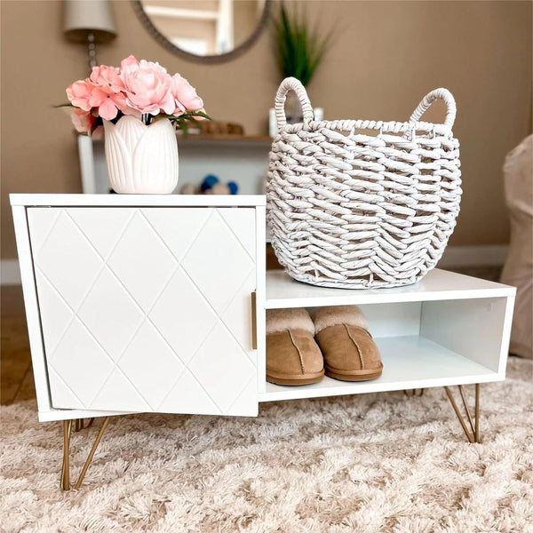 Entryway Shoe Bench Storage with 2 Compartments Adjustable Shelf for Bedroom Living Room 30 in White Solid Modern Contemporary Specialty Metal Wood Finish