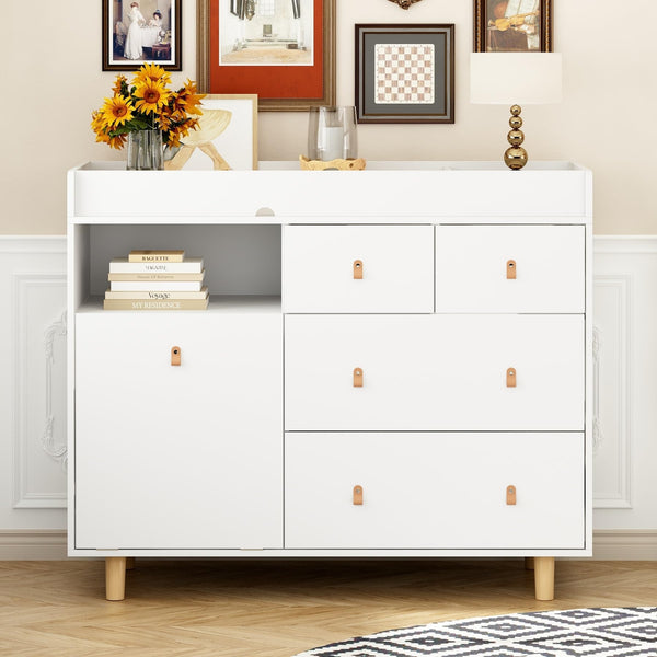 38" Ideal Height Nursery Dresser with Changing Top Safety Baby White Glam Leather Wood Finish Includes Hardware