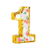 Small Floral Number 1 Pinata with Gold Foil + Pull Strings for Girls 1st Birthday Party Decorations 16.5 X 10.6 3 in Multi Color Children's Paper Metallic Finish