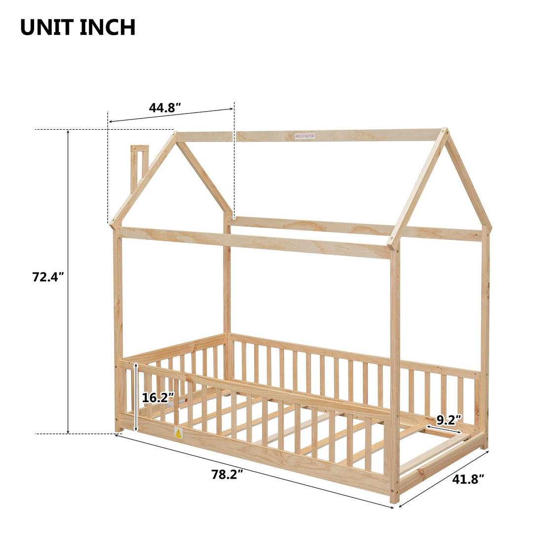 Modern Twin Size Pine Wood House Bed Frame with Guardrails Slats for