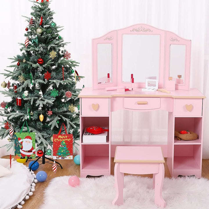 Vanity Table and Chair Set Kids Makeup Dressing Pink Includes