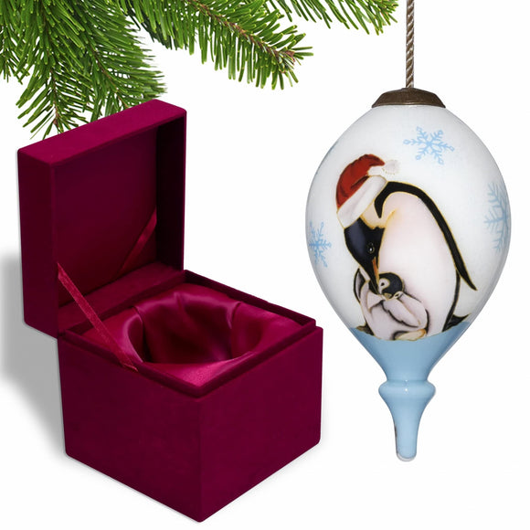 Penguin Mother and Child Hand Painted Mouth Blown Glass Ornament 4.75