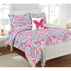 Kids Girls Teen Teal Blue Pink Paisley Comforter Twin Set, Colorful Swirls Bedding Butterfly Pillow Purple Mint Aqua White Pale Pink Hippie Themed,Reversible Watercolor Stripes Polyester