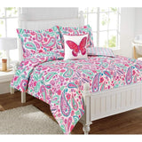 Kids Girls Teen Teal Blue Pink Paisley Comforter Twin Set, Colorful Swirls Bedding Butterfly Pillow Purple Mint Aqua White Pale Pink Hippie Themed,Reversible Watercolor Stripes Polyester