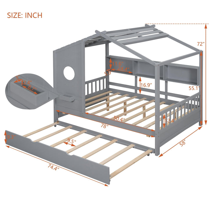 Wooden Full House Bed Frame with Trundle Storage Shelves Support Slats