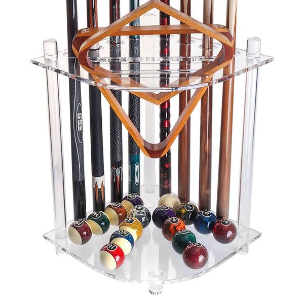 Premium Clear Acrylic 8-Pool Cue Corner-Style Billiard Pool Rack. Floor Stand Stick Holder White