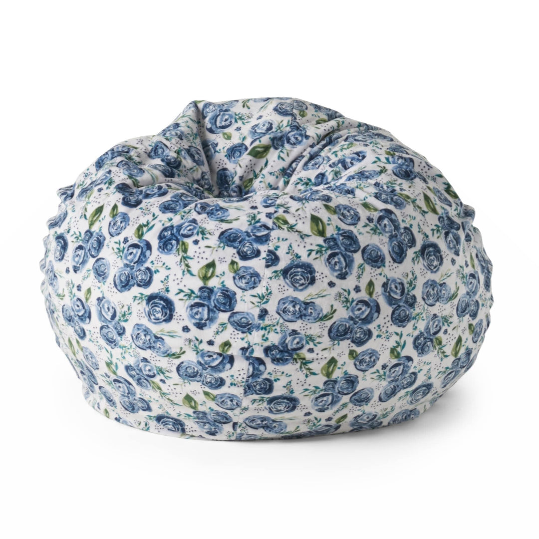 Spring 3 Foot Rounded Bean Bag Blue Rose Print Multi Color Modern Contemporary Fabric