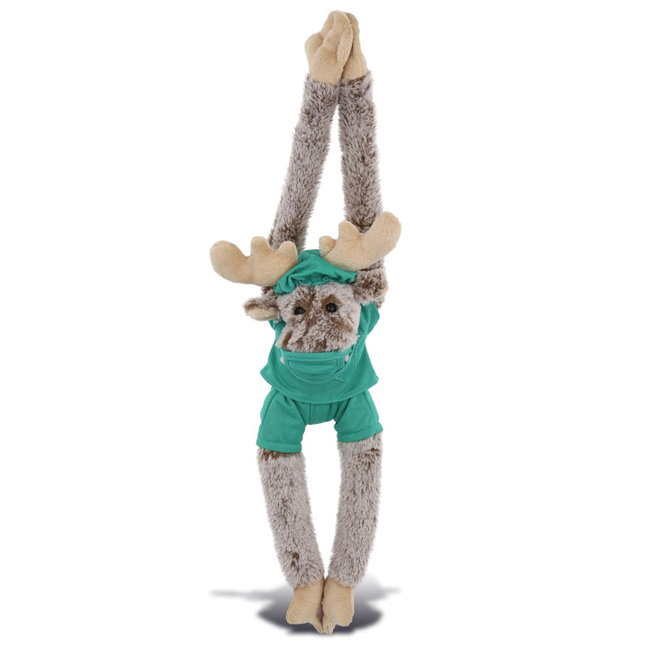 Long Arms Moose Doctor Plush Toy with Cute Scrub Uniform Cap 21 Inches Brown Green Polyester