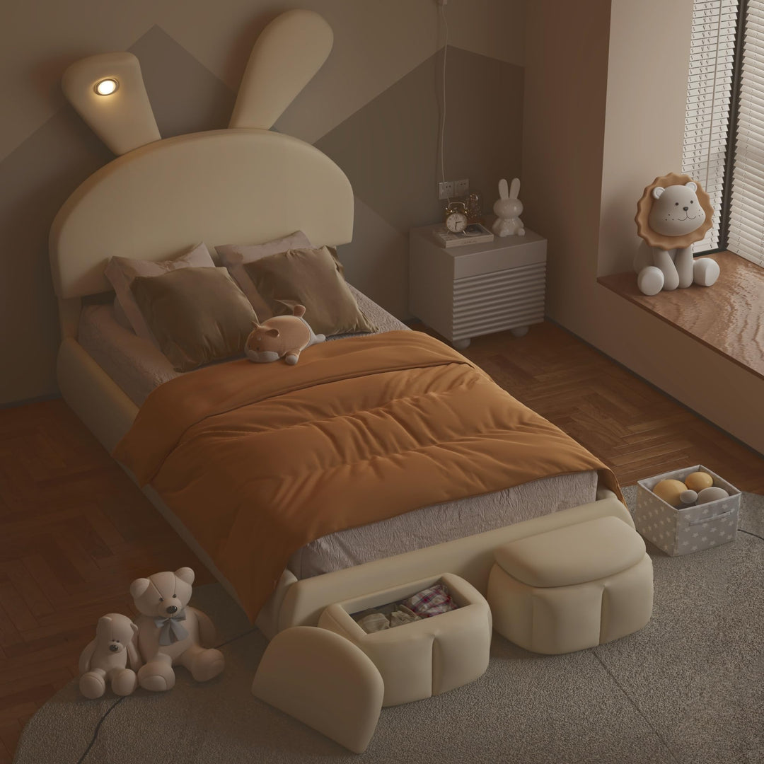 Twin Size Velvet Upholstered Platform Bed W/Cartoon Ears Shaped