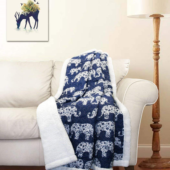 50 X 60 Inches Navy Elephant Parade Throw Blanket for Kids, Reversible White Color Bedding Dotted Elephants Animal Print Zoo Themed Colorful Quilted Plain Weaved Sherpa, Microfiber