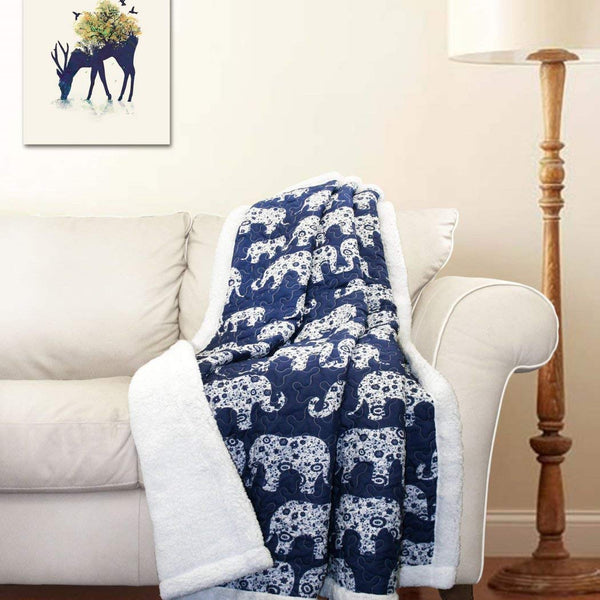 50 X 60 Inches Navy Elephant Parade Throw Blanket for Kids, Reversible White Color Bedding Dotted Elephants Animal Print Zoo Themed Colorful Quilted Plain Weaved Sherpa, Microfiber