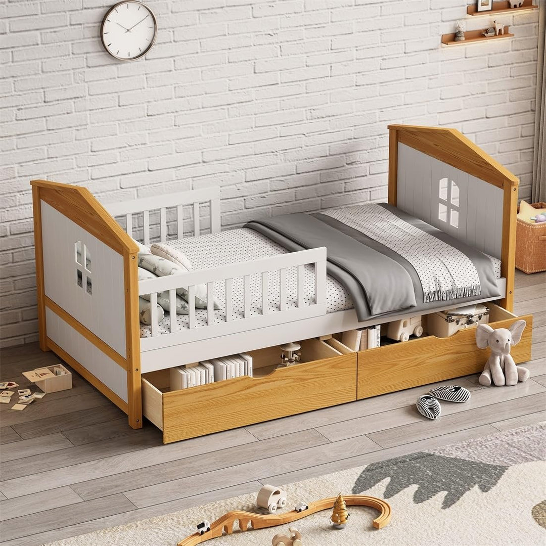 Twin Size House Shape Kids Wooden Bed Frame with 2 Drawers Guardrails Natural White Modern Contemporary Unisex Pine Wood Headboard Included