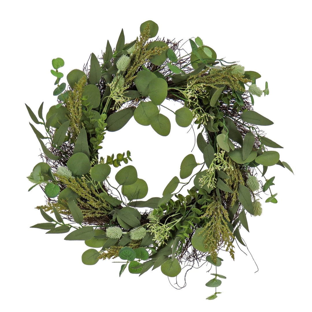 22" Eucalyptus and Baby's Breath Spring Wreath Green Traditional Plastic Unlit