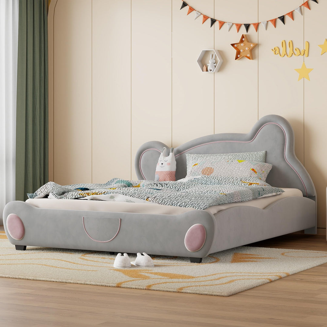 Queen Velvet Platform Bed Frame with Bear-Shaped Headboard Bed-end