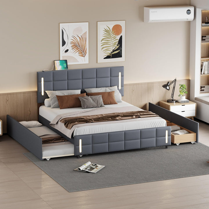 Queen Size Upholstered Platform Bed with Trundle 2 Drawers for Kids Adult Wooden Bedframe W/Storage Linen Fabric Gray Grey Modern Contemporary Natural Includes Hardware Tufted