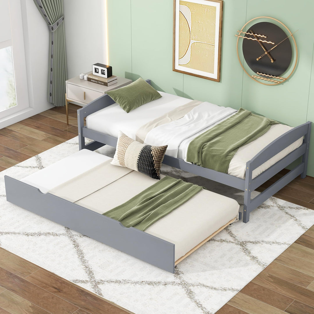 Modern Simple Twin Size Platform Bed with Trundle Wood Frame for