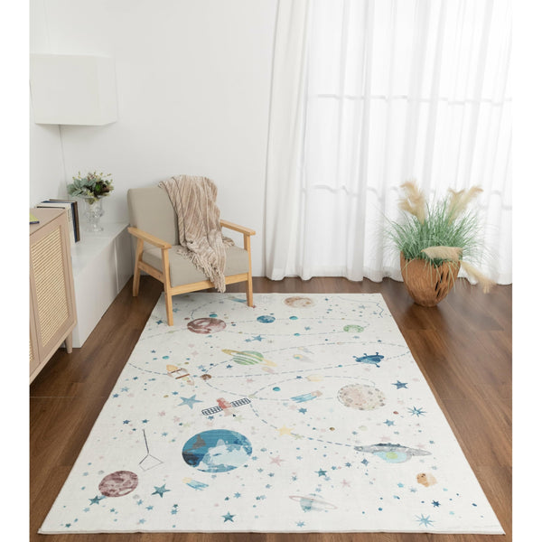 Kids Collection Galactic Adventures Space Themed Area Rug 5'x'7' 5' X 7' Multi Color Graphic Tween Patterned Rectangle Cotton Polyester Rubber Latex Free Washable