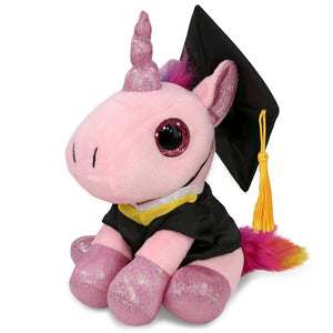 Sparkle Eyes Pink Unicorn Graduation Plush with Gown and Cap 8 Inches Black Polyester