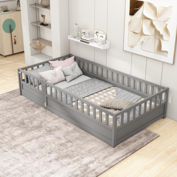 Wooden Children's Floor Bed Twin Size Kids Mother Child Grey Modern Contemporary Traditional Wood