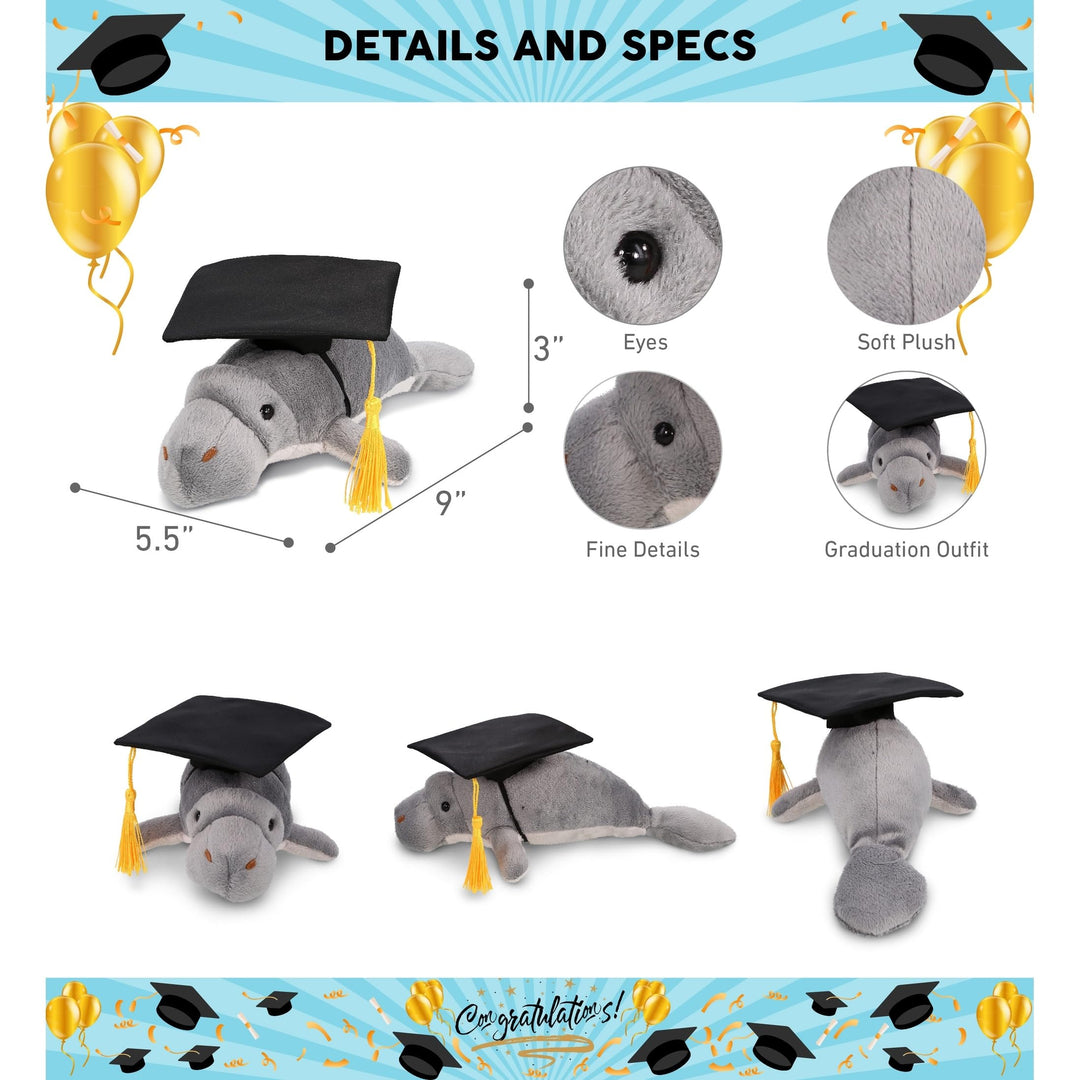 Grey Manatee Graduation Plush Toy with Cap 9 Inches Black