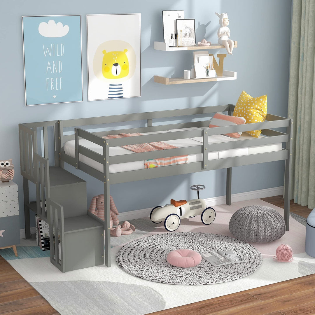 Twin Size Pine Wood Loft Bed with Storage Staircase Guard Rails Kids Frame No Box Spring Needed Grey Modern Contemporary Unisex Nature Natural Finish