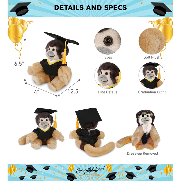 Squirrel Monkey Graduation Plush with Gown and Cap Tassel 6.5 Inches Black Brown Polyester